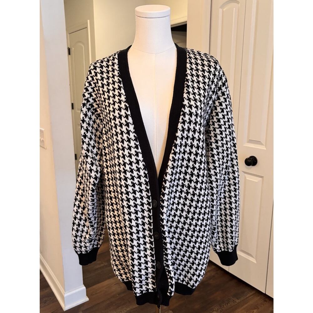LizSport Vintage Oversized Houndstooth Cardigan Sweater Medium 100% Cotton